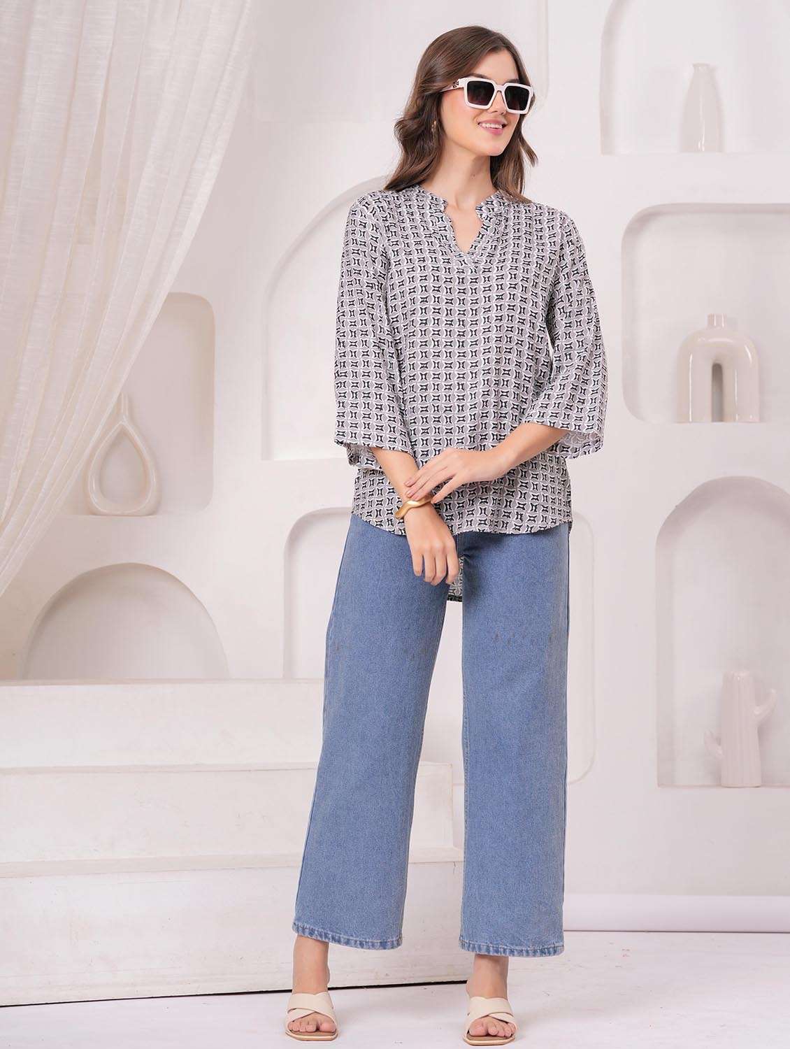 women printed three quarter sleeve ethnic top - 22147115 -  Standard Image - 4