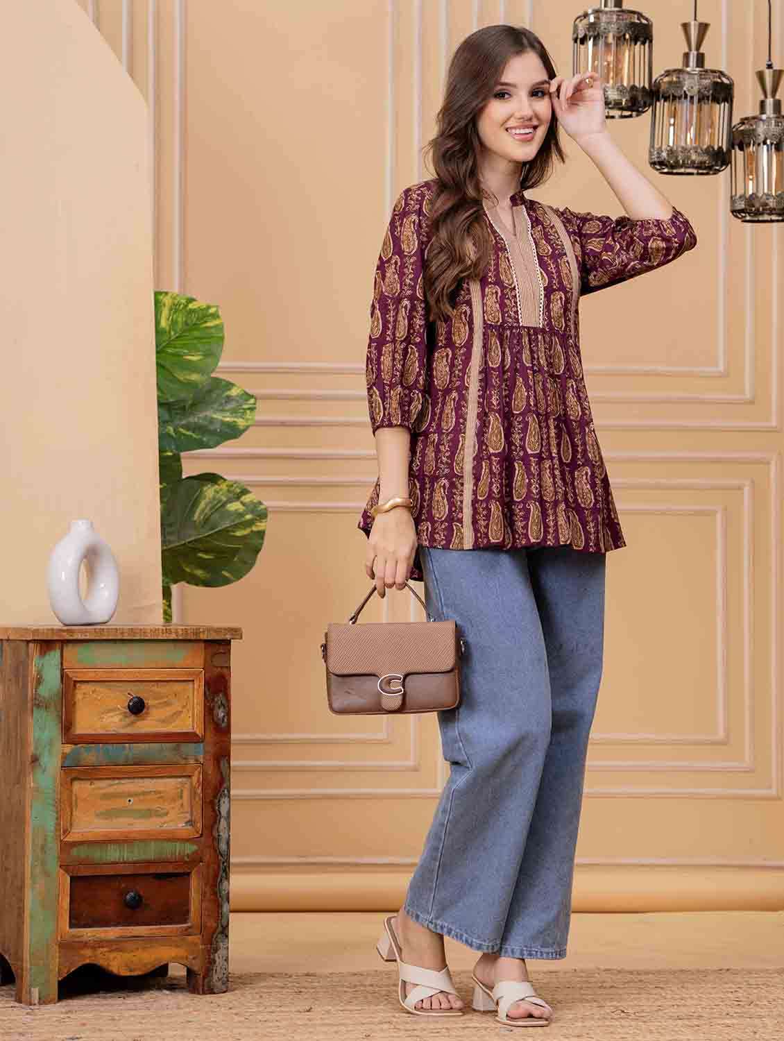 women paisley printed puff sleeve ethnic top - 22147117 -  Standard Image - 4