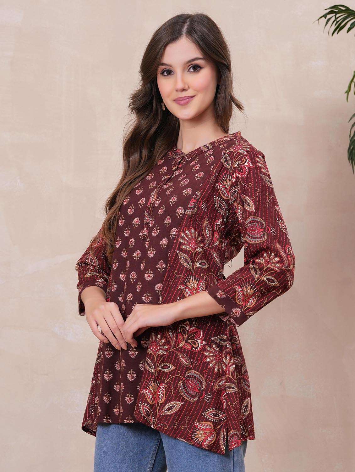 women floral printed three quarter sleeve ethnic top - 22147118 -  Standard Image - 1