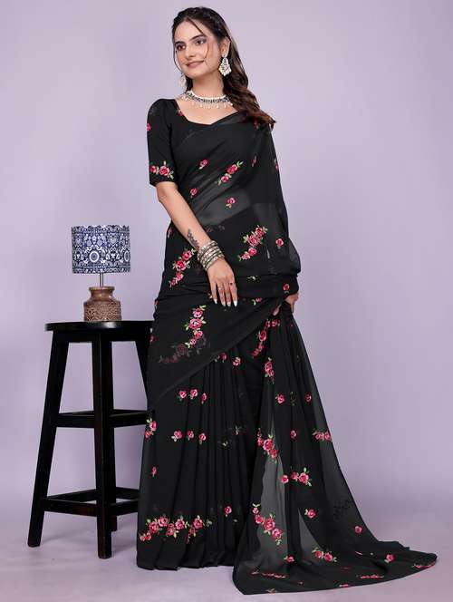 women black embroidered saree with blouse - 22147127 -  Standard Image - 0