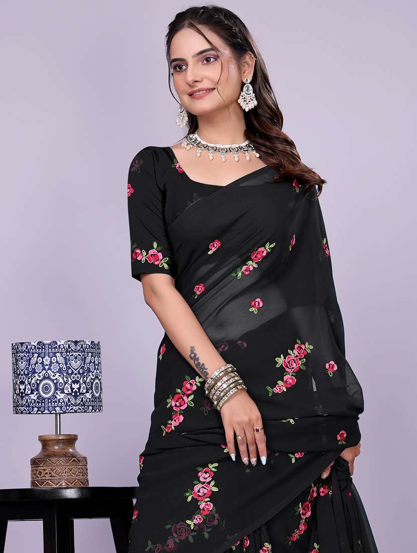 women black embroidered saree with blouse - 22147127 - Standard Image - 4