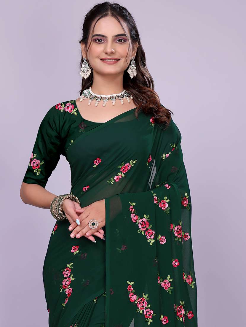 women green embroidered saree with blouse - 22147129 - Standard Image - 4