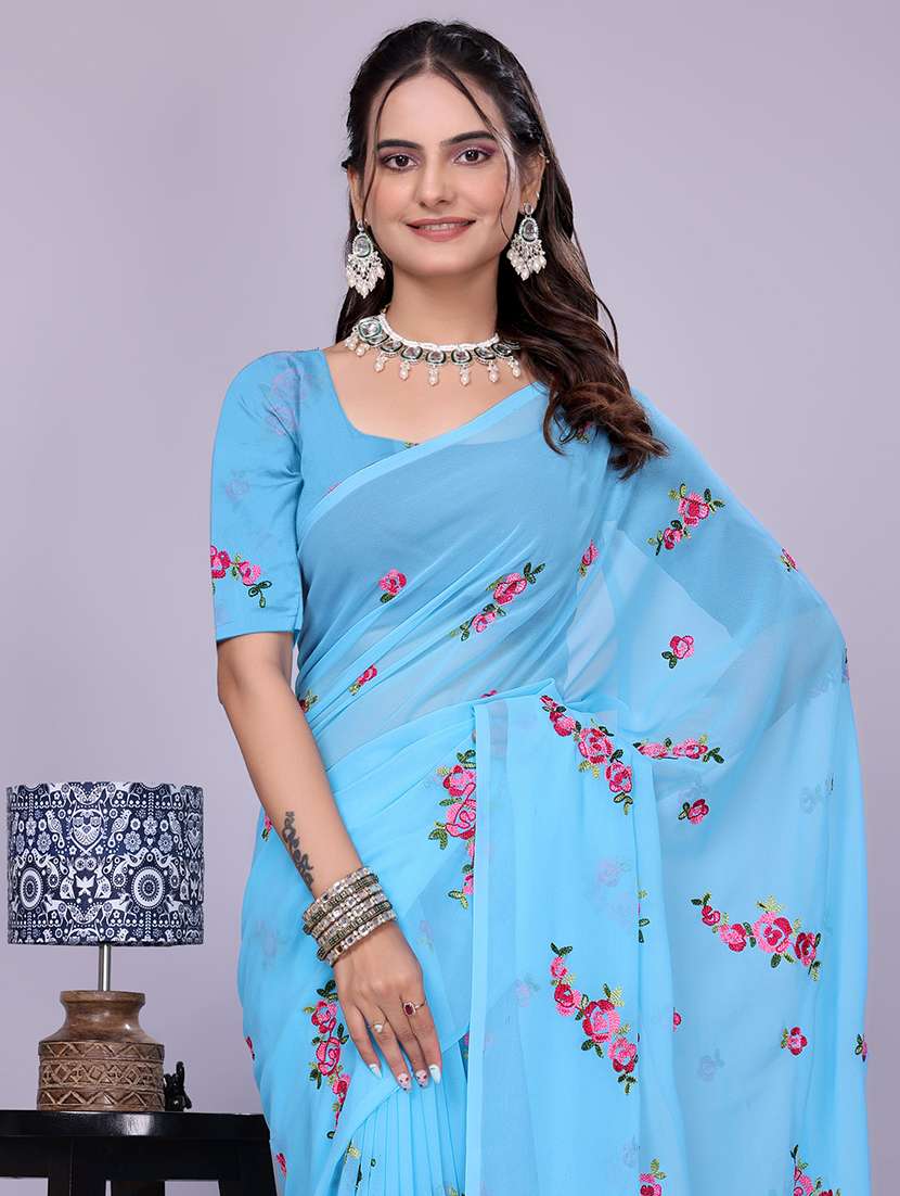 women light blue embroidered saree with blouse - 22147131 - Standard Image - 4
