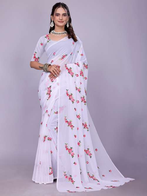 women white embroidered saree with blouse - 22147132 -  Standard Image - 0