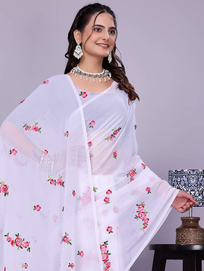 women white embroidered saree with blouse - 22147132 - Standard Image - 4