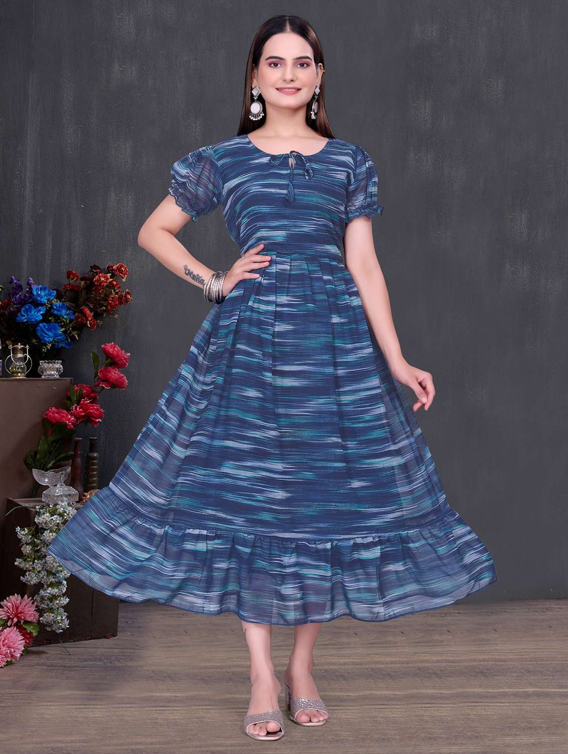 women printed puff sleeve tiered dress - 22147143 -  Standard Image - 1