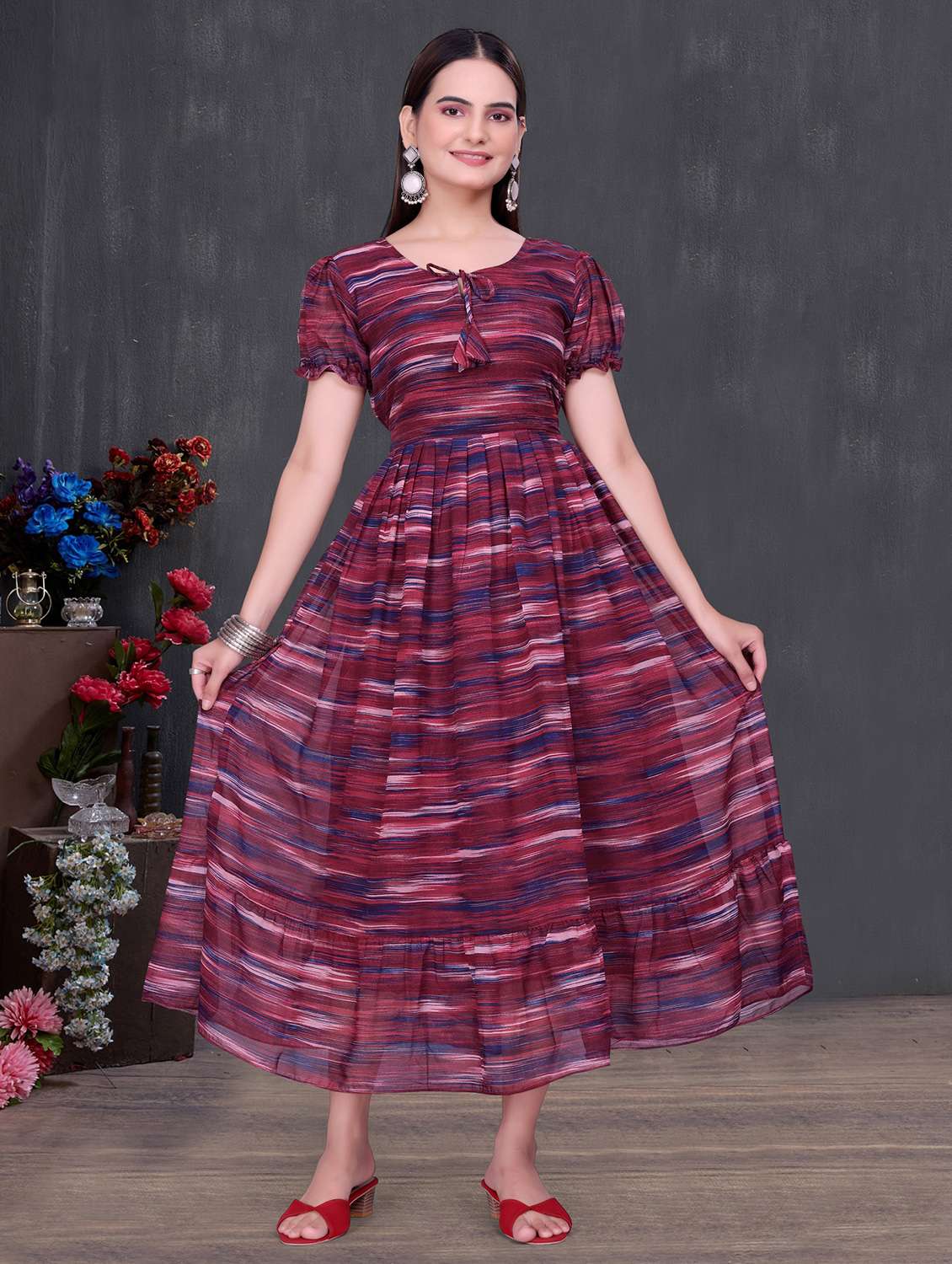 women printed short sleeve tiered dress - 22147145 -  Standard Image - 1
