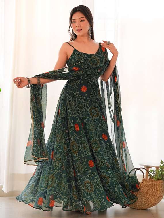 women bandhani printed shoulder strap kurta dupatta set - 22147149 - Standard Image - 1