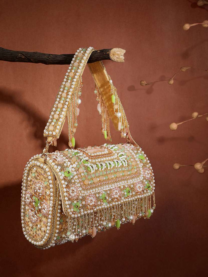 beige embellished velvet party clutch with handle - 22147167 -  Zoom Image - 0