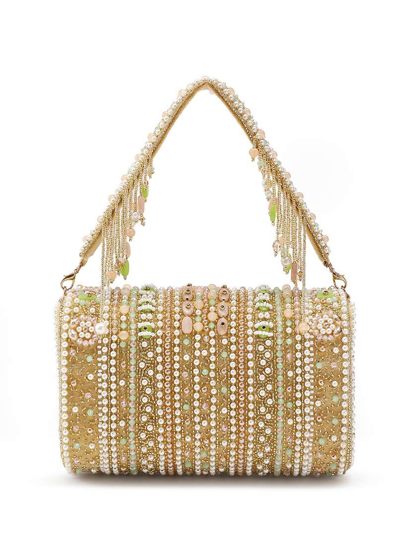 beige embellished velvet party clutch with handle - 22147167 -  Standard Image - 1