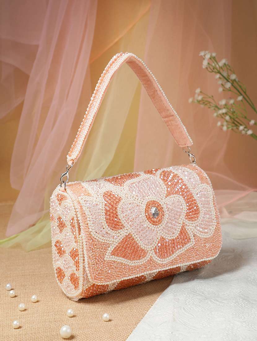 embellished floral beads crystals party clutch pink