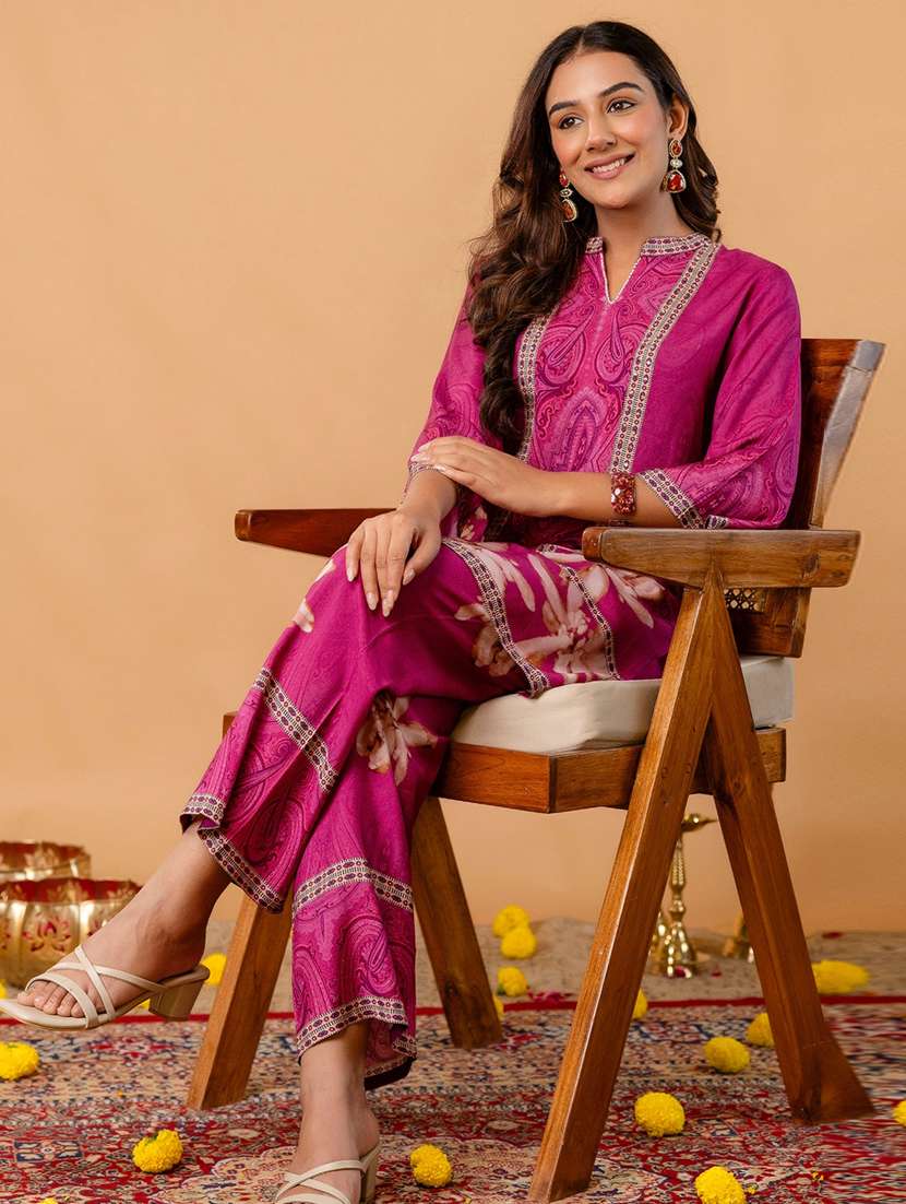 women three quarter sleeve regular fit ethnic co-ord set - 22147201 -  Standard Image - 1