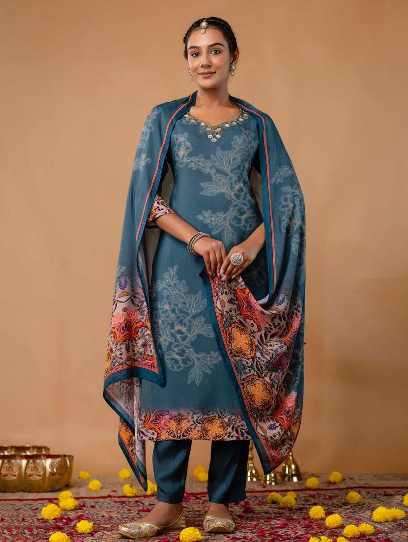 women printed three quarter sleeve kurta pant with dupatta set - 22147210 -  Standard Image - 1