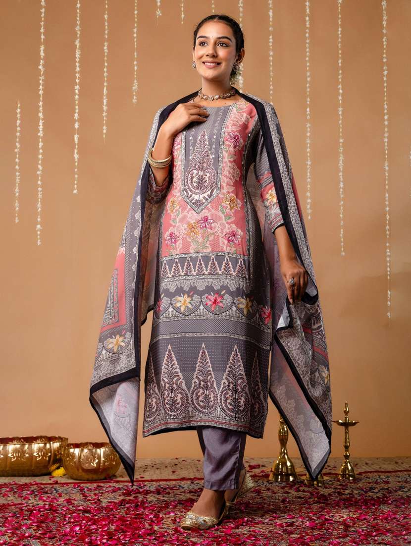 women printed three quarter sleeve kurta pant with dupatta set - 22147214 -  Standard Image - 1