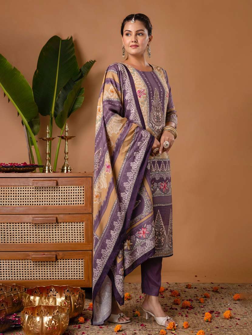 women printed three quarter sleeve kurta pant with dupatta set - 22147215 -  Standard Image - 1
