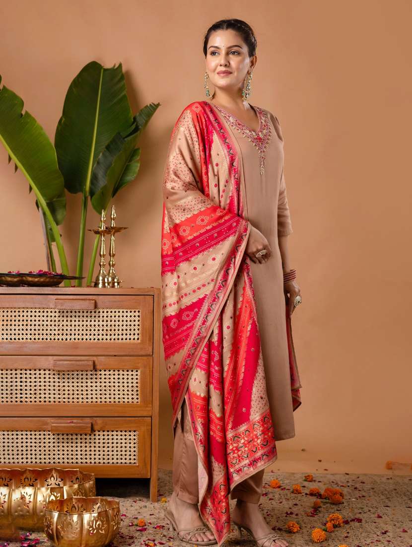 women embroidered three quarter sleeve kurta pant with dupatta set - 22147216 -  Standard Image - 1