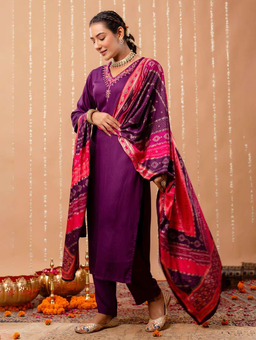 women embroidered three quarter sleeve kurta pant with dupatta set - 22147217 -  Standard Image - 1