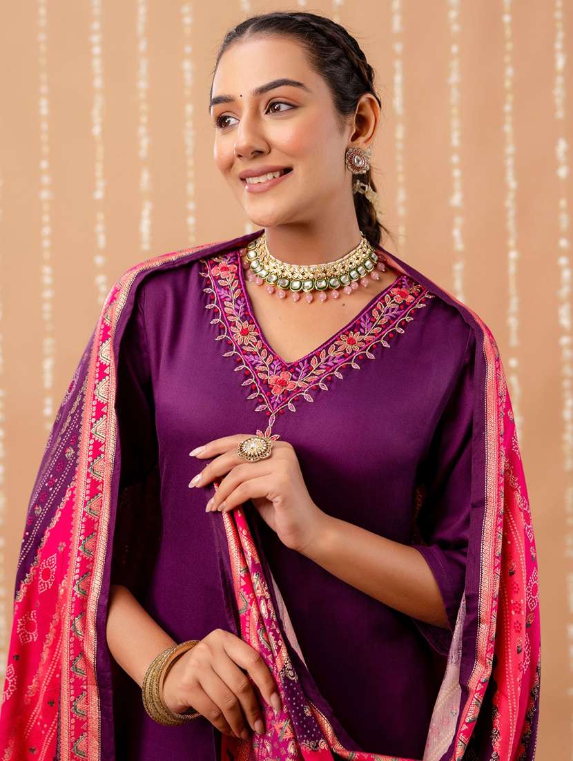 women embroidered three quarter sleeve kurta pant with dupatta set - 22147217 -  Standard Image - 4