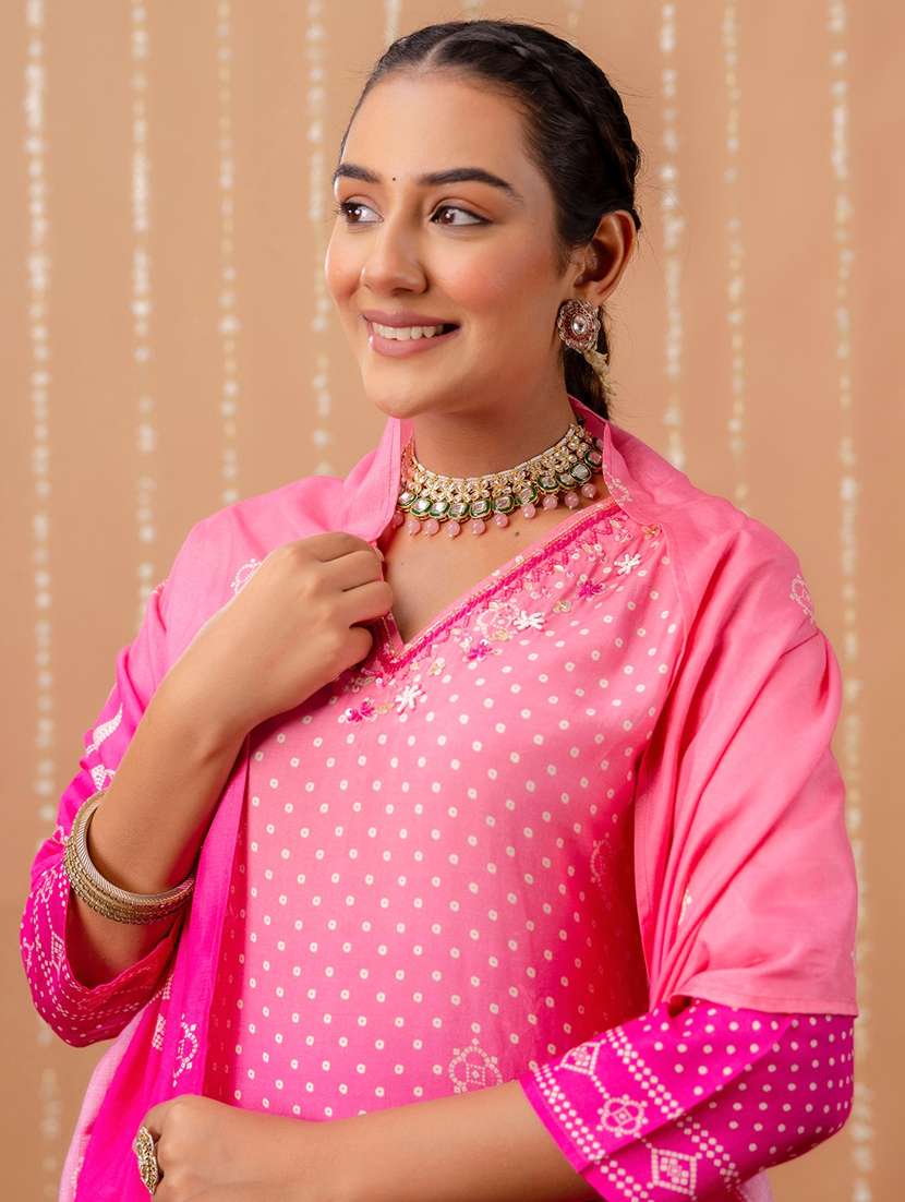 women bandhani three quarter sleeve kurta pant with dupatta set - 22147218 -  Standard Image - 4