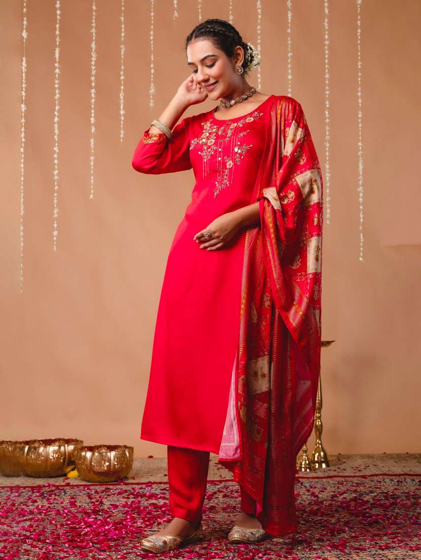 women embroidered three quarter sleeve kurta pant with dupatta set - 22147224 -  Standard Image - 1