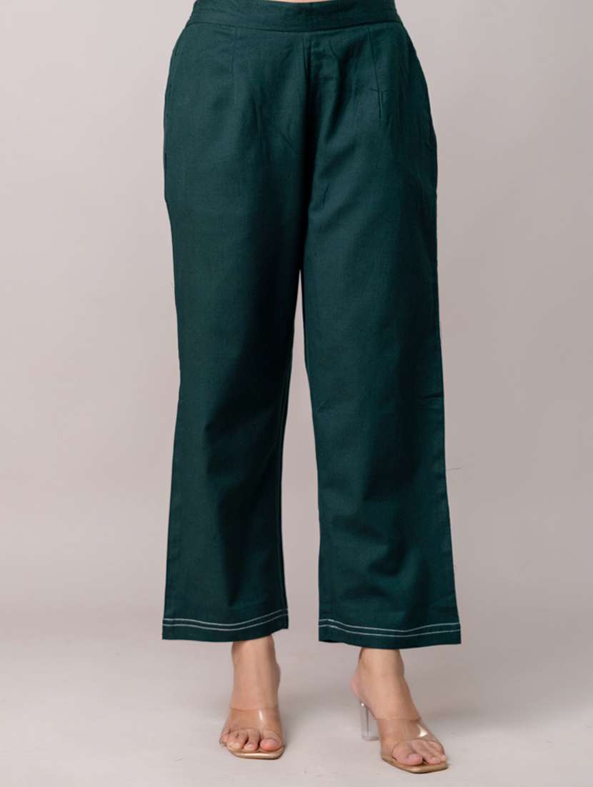 women solid mid rise straight trouser