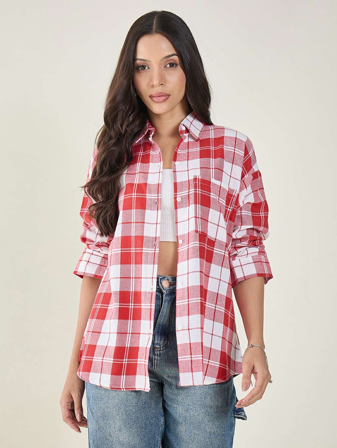 women checkered long sleeve oversized shirt