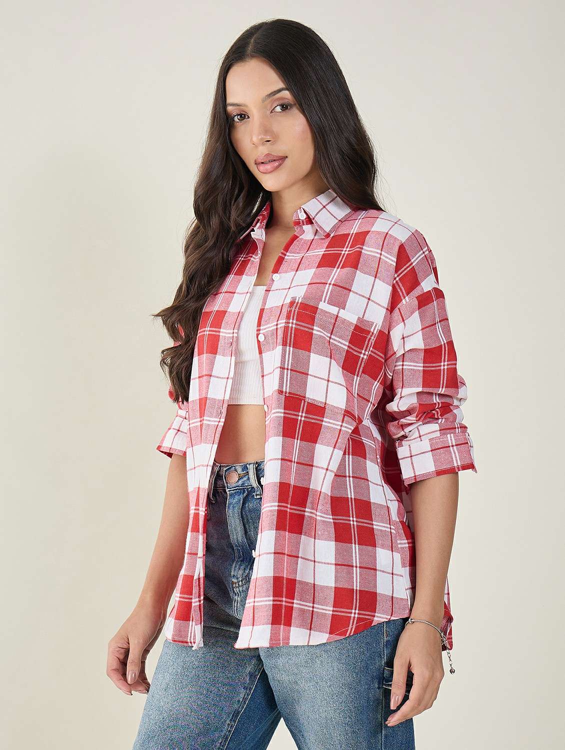 women checkered long sleeve oversized shirt - 22147434 - Standard Image - 1