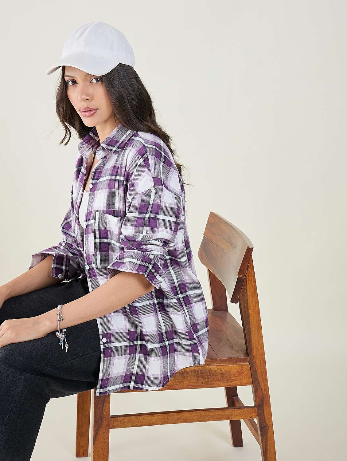 women checkered long sleeve oversized shirt - 22147435 - Standard Image - 1