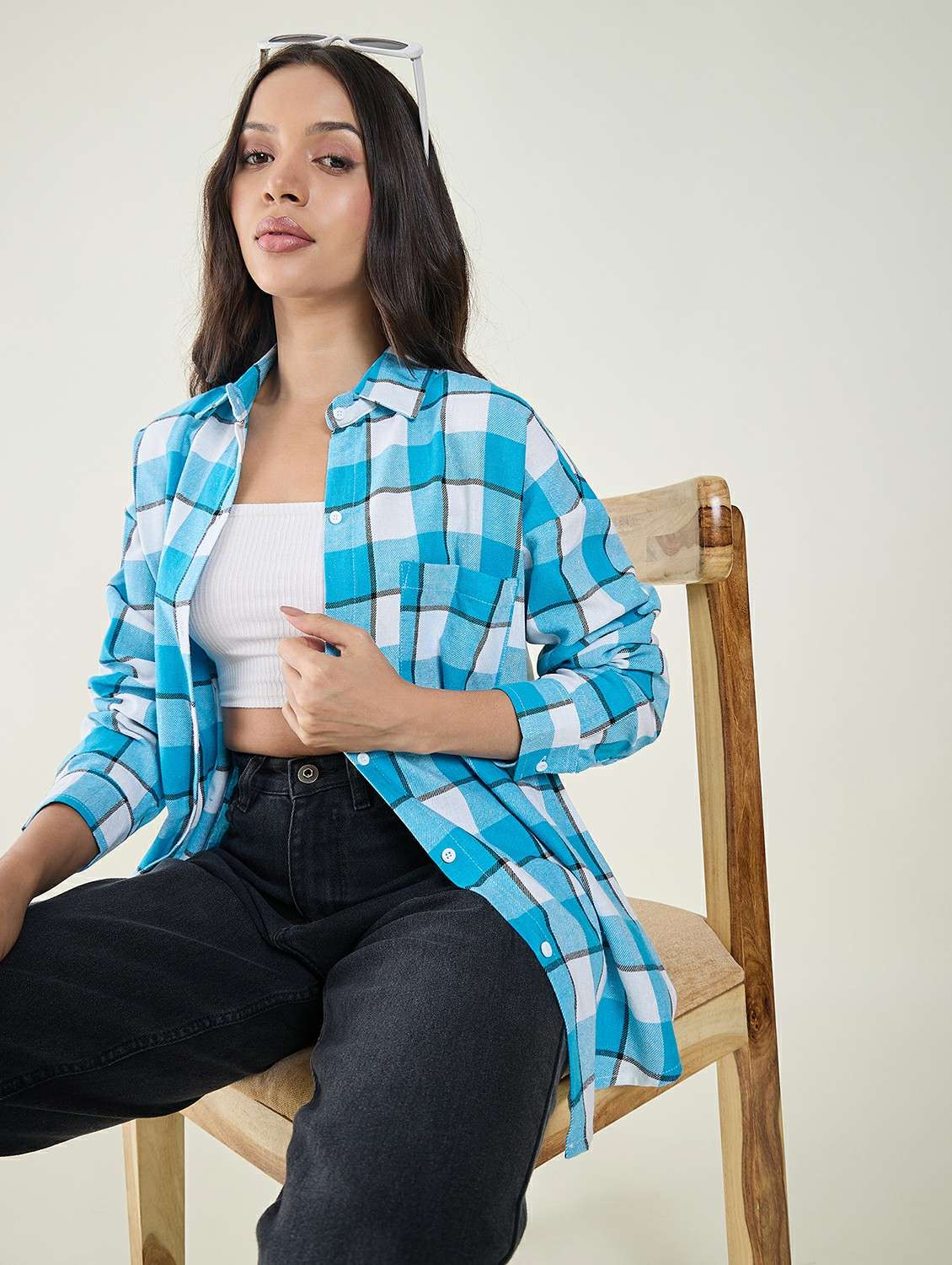 women checkered long sleeve oversized shirt - 22147437 -  Standard Image - 1