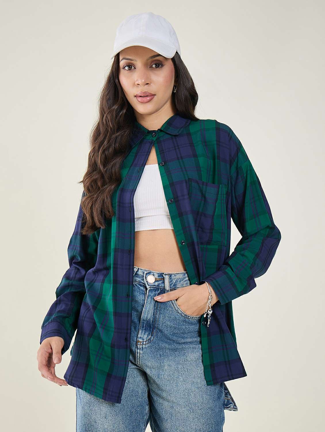 women checkered long sleeve oversized shirt