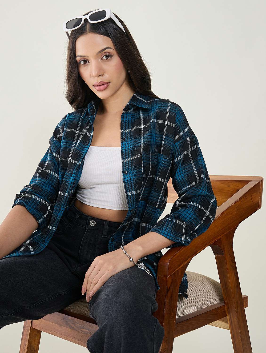 women checkered long sleeve oversized shirt - 22147439 -  Standard Image - 1