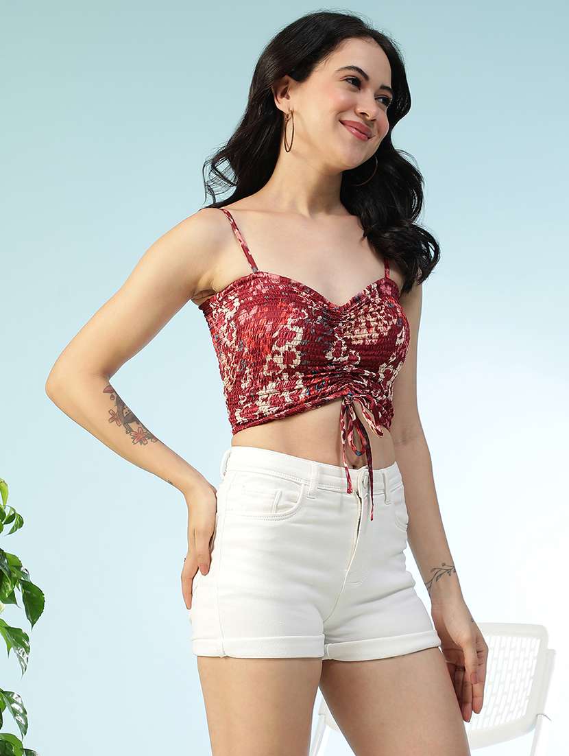 women printed shoulder strap smocked crop top - 22147445 -  Standard Image - 1