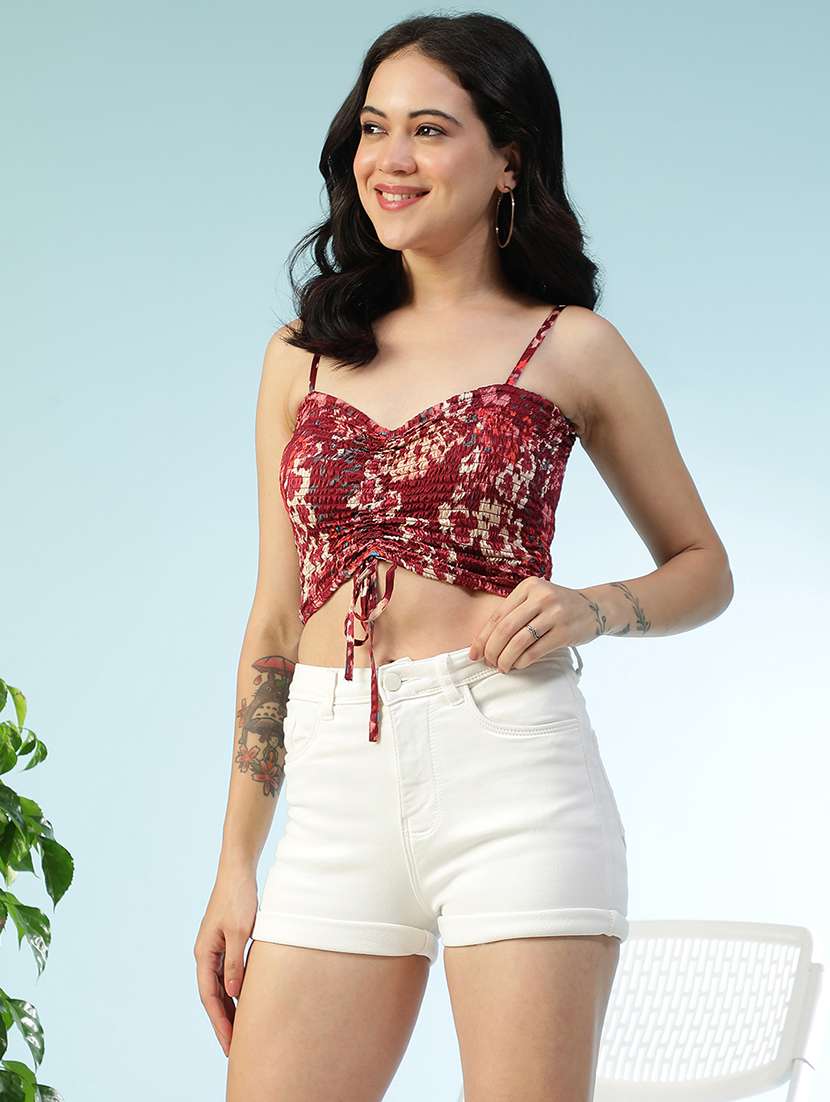 women printed shoulder strap smocked crop top - 22147445 -  Standard Image - 4