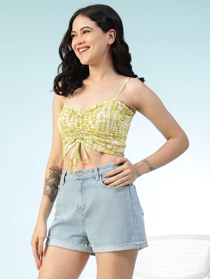 women printed shoulder strap smocked crop top - 22147447 -  Standard Image - 1