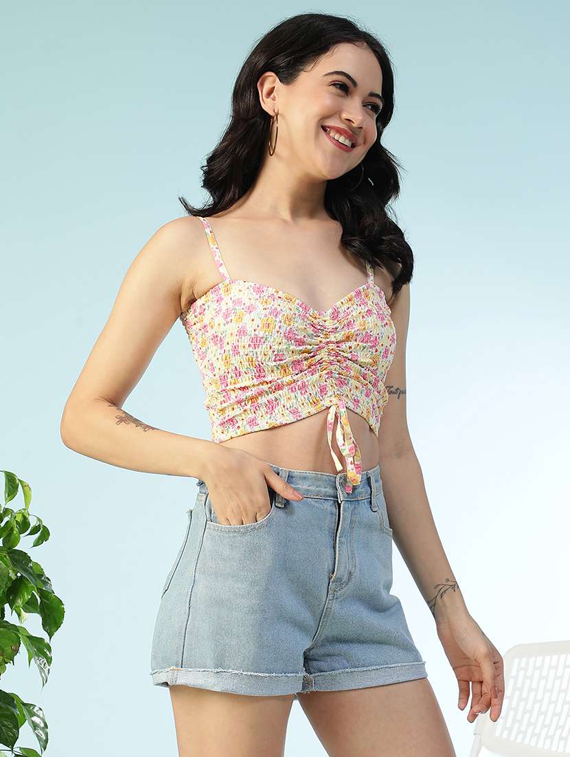 women printed shoulder strap smocked crop top - 22147448 -  Standard Image - 1
