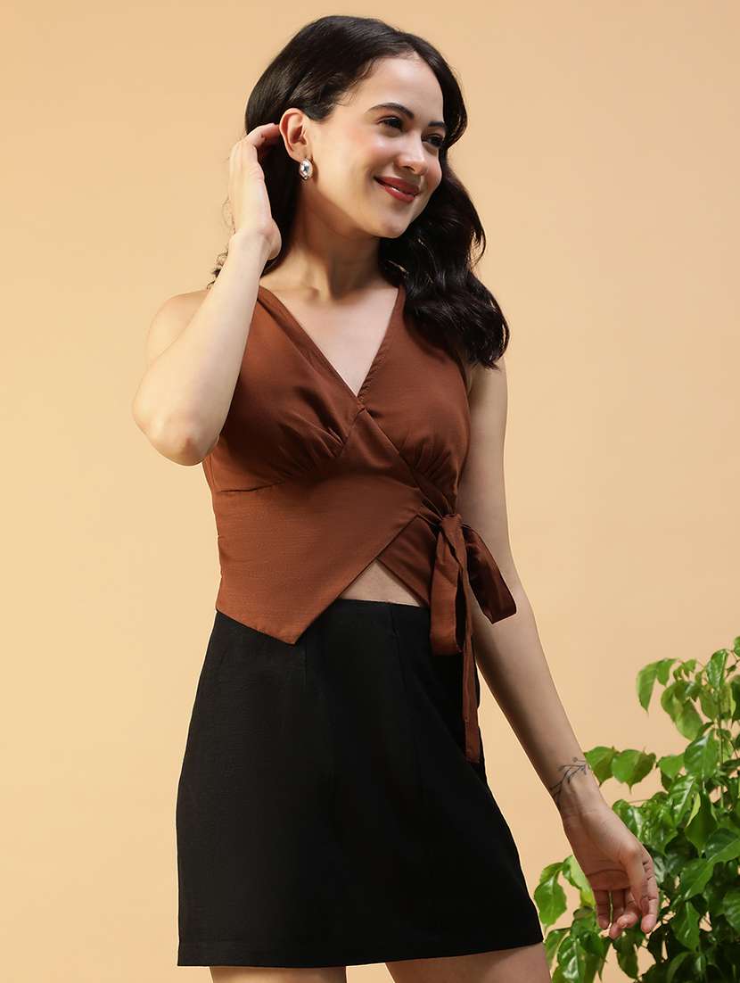 women brown solid sleeveless mock wrap top - 22147453 -  Standard Image - 1