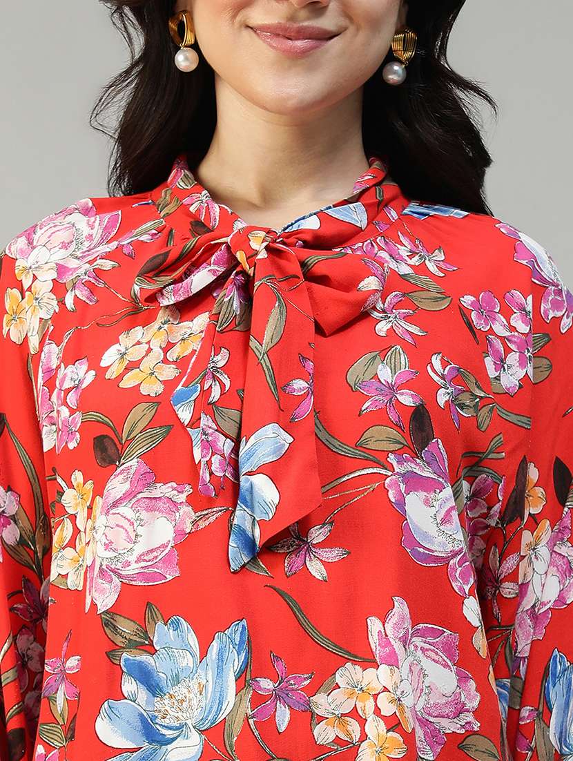 women floral printg long sleeve tie up neck top - 22147461 -  Standard Image - 1