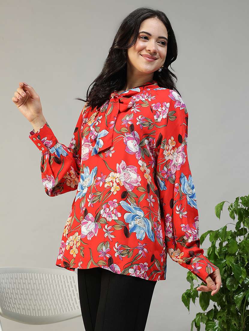 women floral printg long sleeve tie up neck top - 22147461 -  Standard Image - 4
