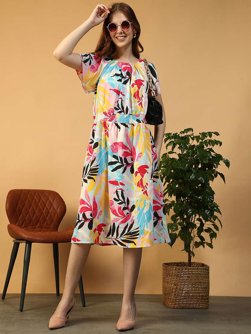 women printed puff sleeve fit & flare dress