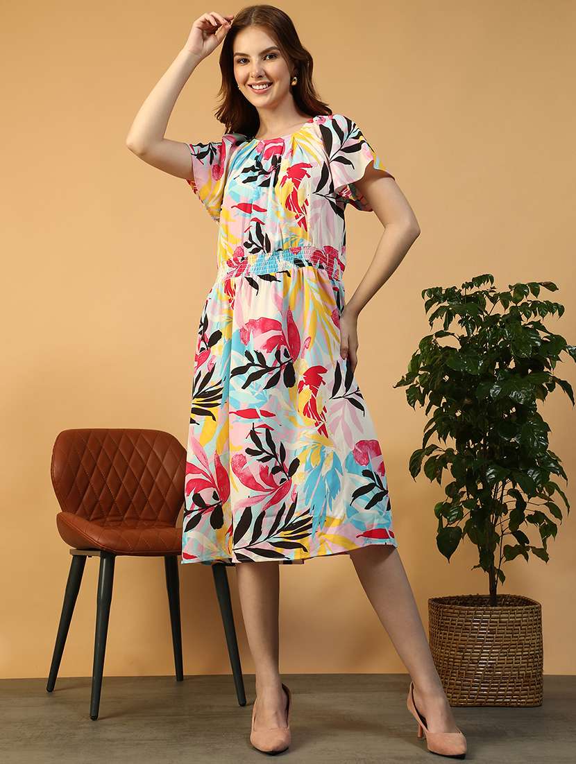 women printed puff sleeve fit & flare dress - 22147508 -  Standard Image - 1