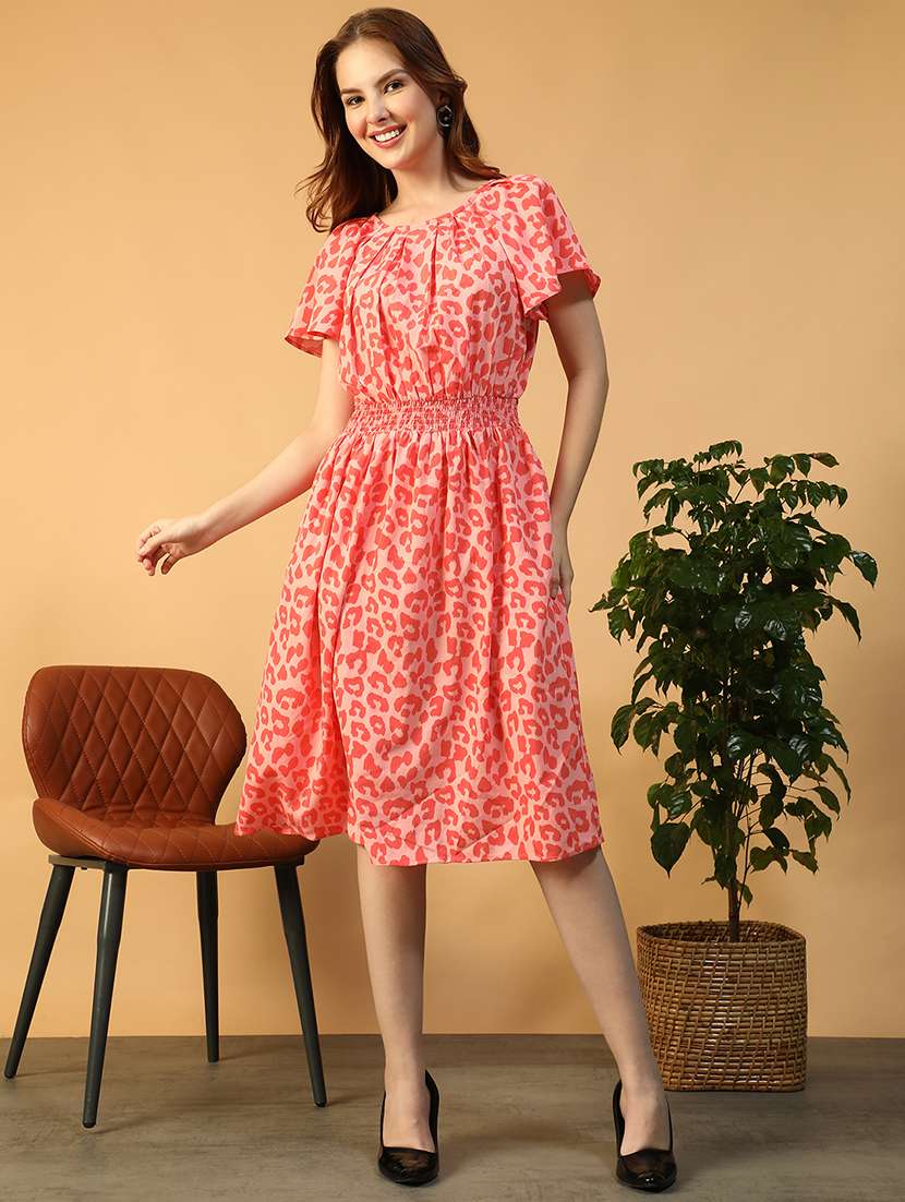 women animal print flared sleeve fit & flare dress