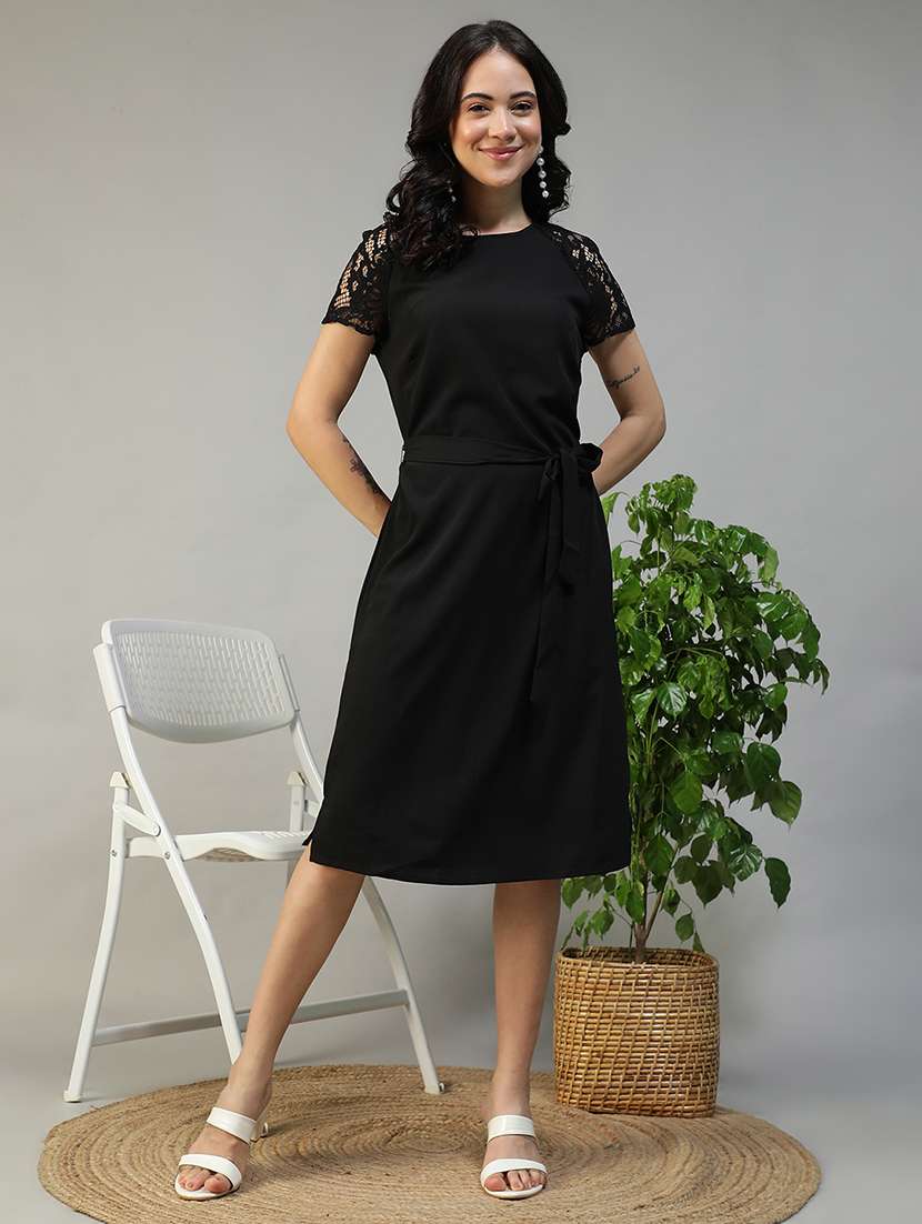women black solid short sleeve a-line dress - 22147514 -  Standard Image - 1