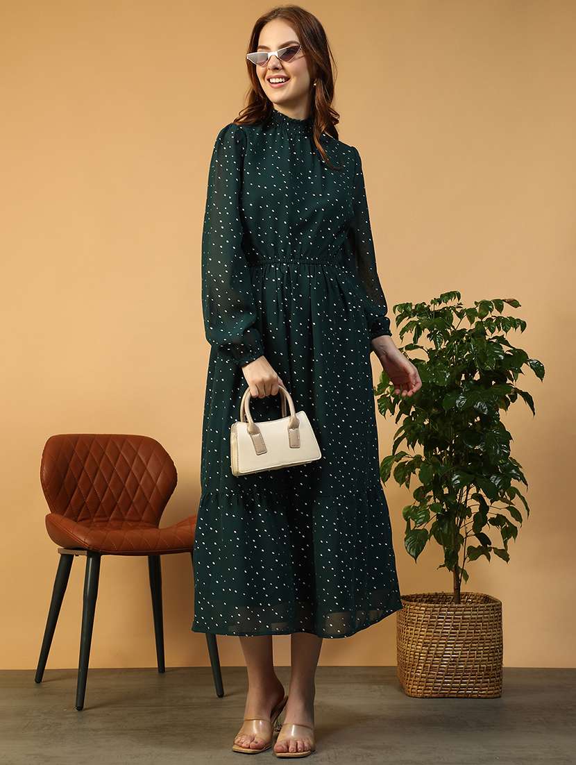 women printed mock neck puff sleeve tiered dress - 22147516 -  Standard Image - 1