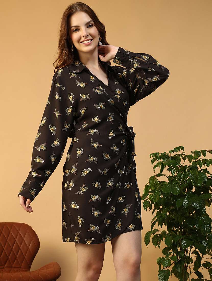 women printed long sleeve wrap dress - 22147518 -  Standard Image - 1