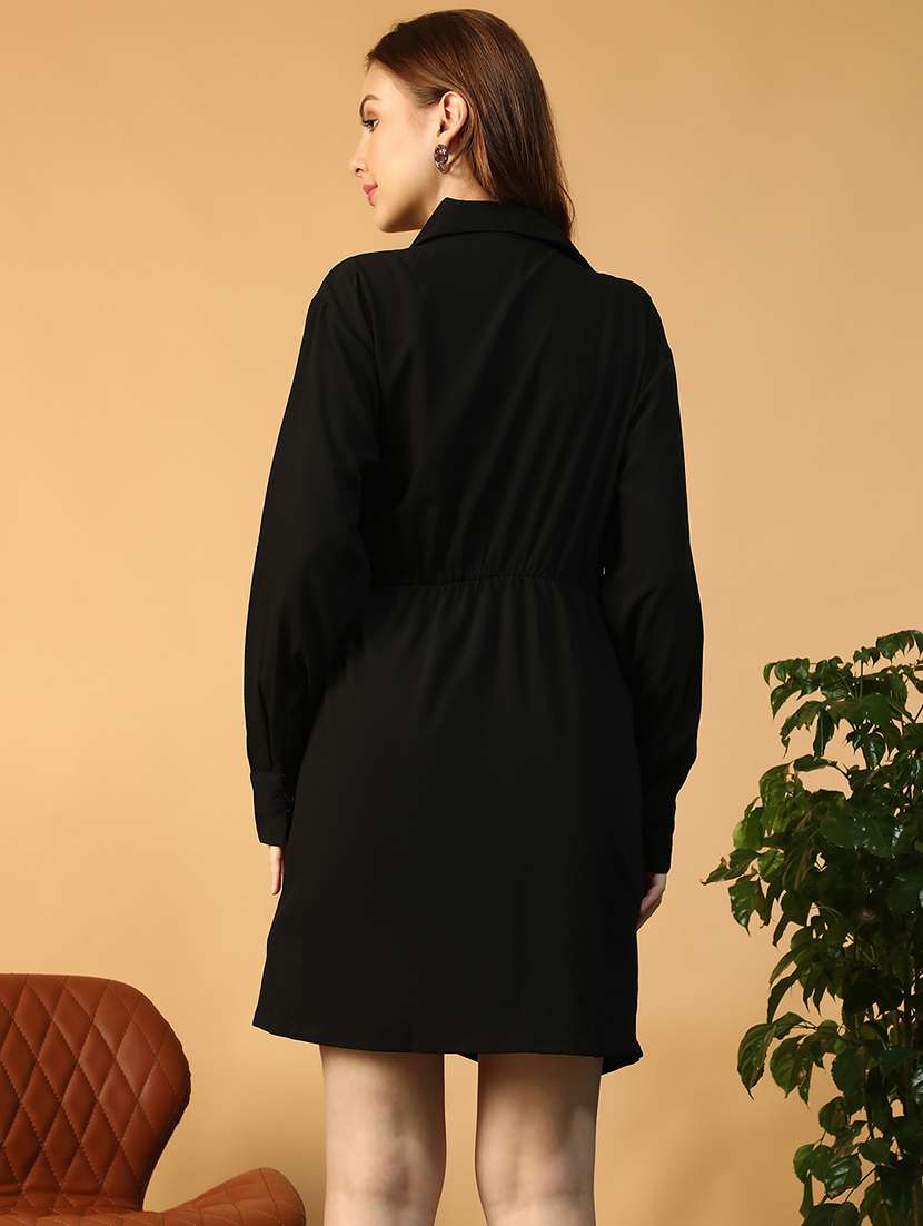 women black solid puff sleeve wrap dress - 22147519 -  Standard Image - 4