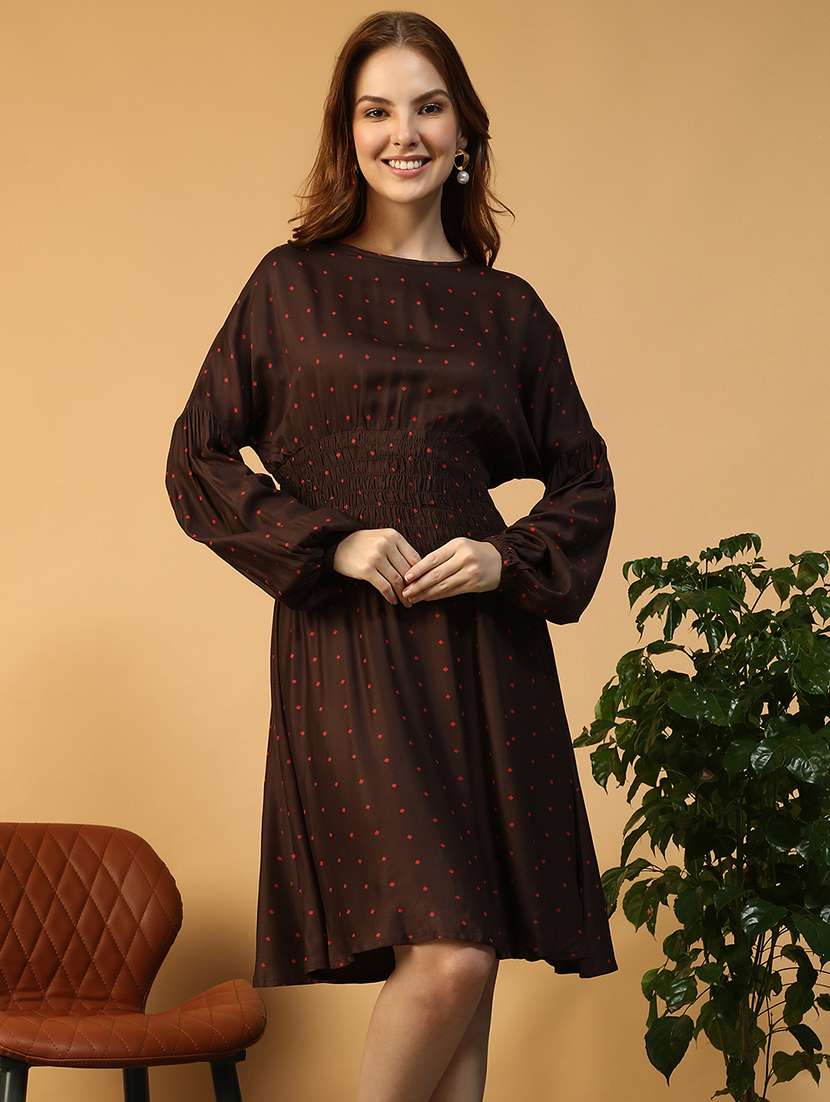 women printed puff sleeve fit & flare dress