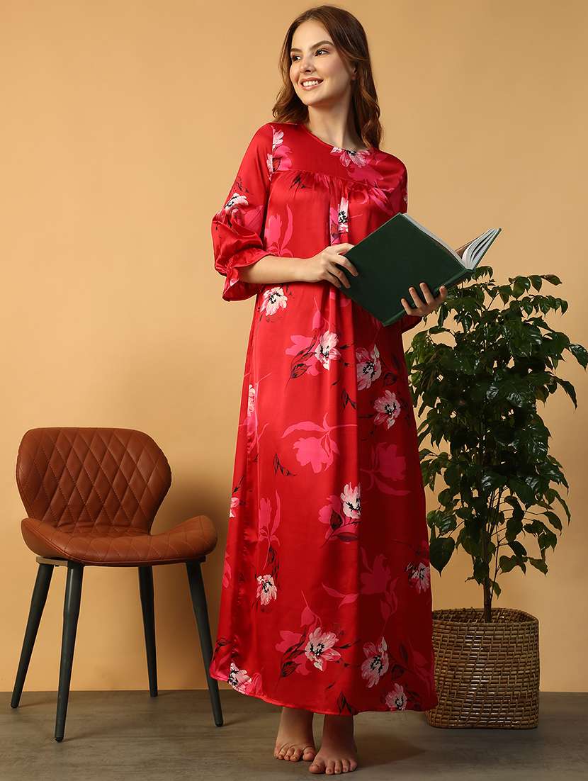 women floral print three quarter sleeve nighty - 22147533 -  Standard Image - 1