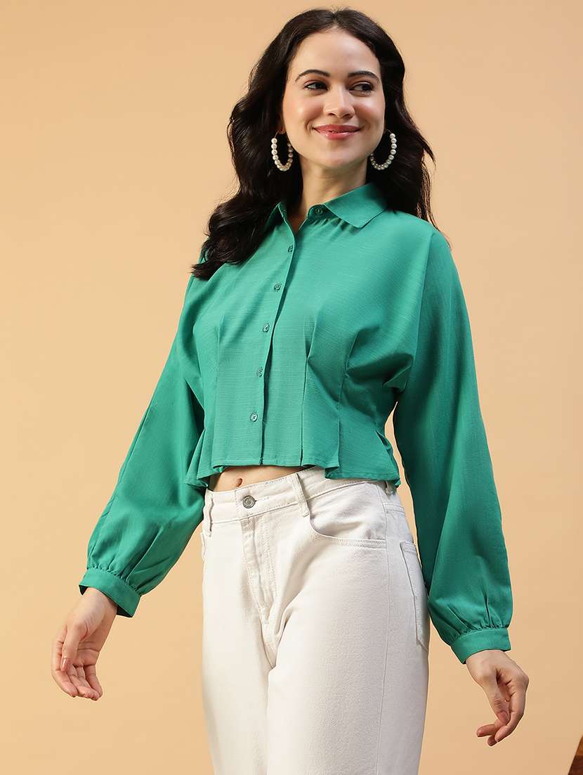 women solid collared puff sleeve crop  shirt - 22147554 -  Standard Image - 1