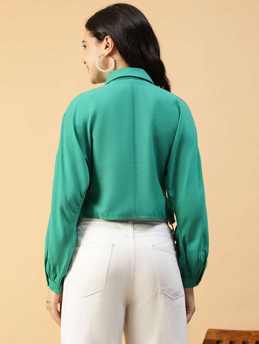 women solid collared puff sleeve crop  shirt - 22147554 -  Standard Image - 4