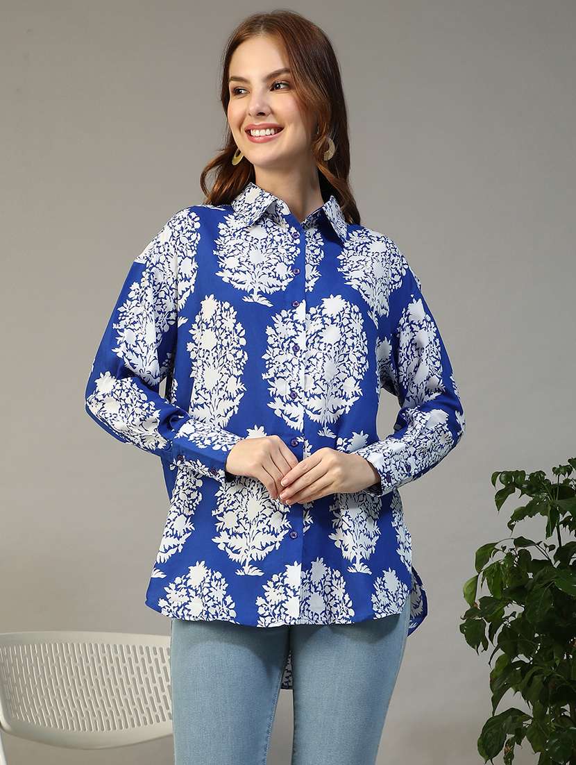 women printed collared long sleeve regular shirt